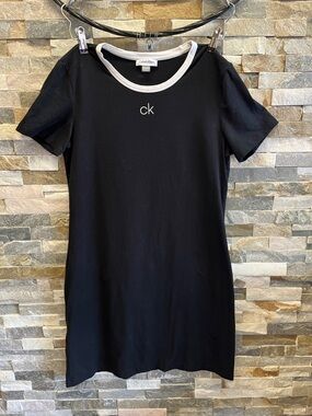 Calvin Klein Black Tee Dress with White Neckline and CK Logo 18 PtP